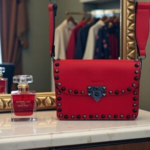 Mersi Red Studded Crossbody Bag Vegan Leather Boho Strap Gunmetal Hardware